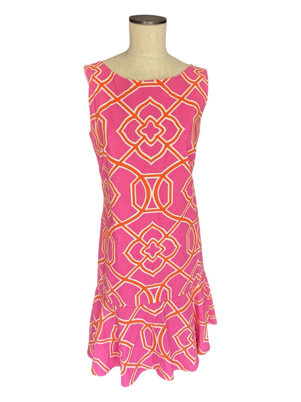 Rare RENATA Hot Pink Orange Lattice Print Cotton Ruffle Lined Shift Dress Sz 10